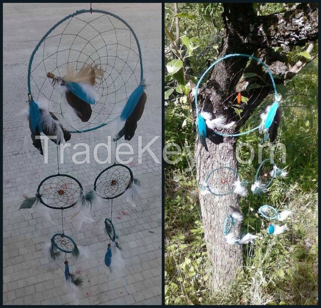 handmade tirquoise dream catcher 2 with natural and tirquoise feathers