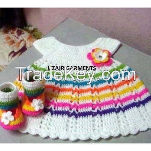 White Multi-Color Crochet Woolen Frock.