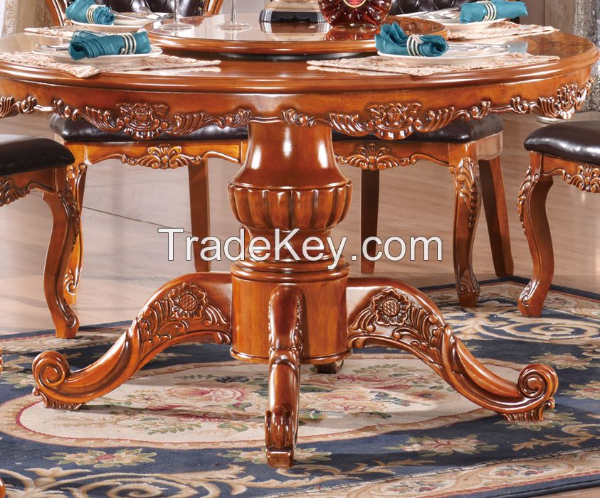 European style antique solid wood round dining table and chairs