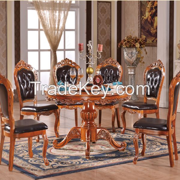 European style antique solid wood round dining table and chairs