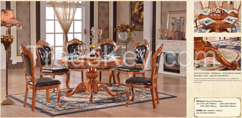 European style antique solid wood round dining table and chairs