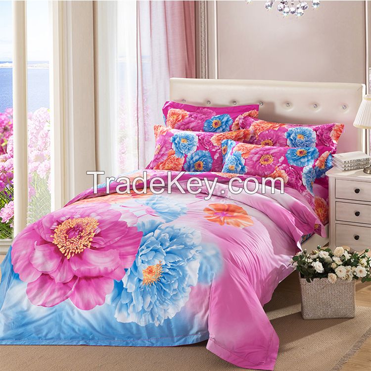 Rainbow version flowers design 4pc bed sheet set polyester cotton 300tc stripe bed sheet cover