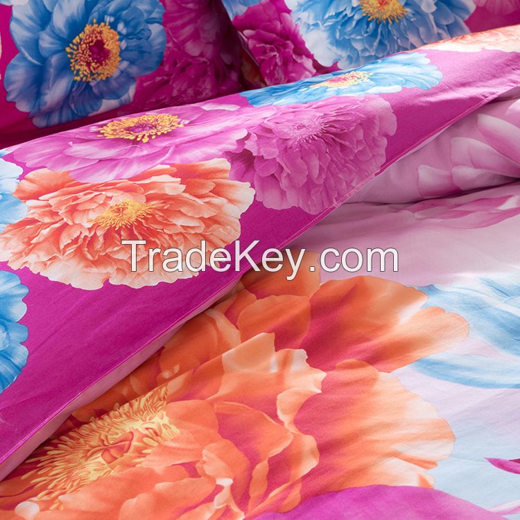 Rainbow version flowers design 4pc bed sheet set polyester cotton 300tc stripe bed sheet cover