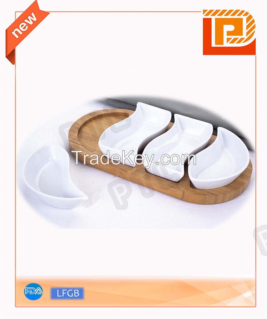 lovely streamlined ceramic food holder with wooden stand