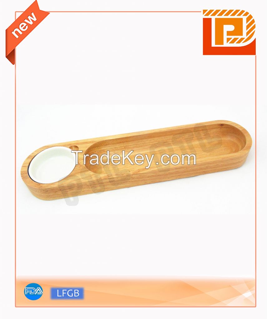 slim wooden food holder with ceramic bowl