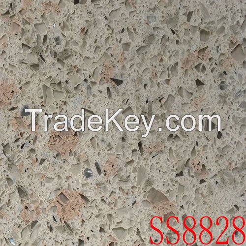 Quartz stones with cream-colored background and slight pink and green patches