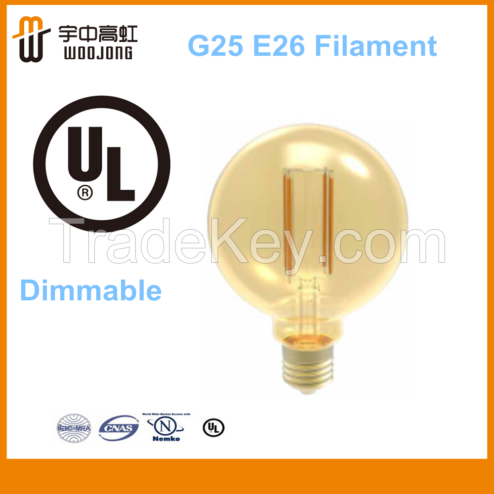 E26 Base G25 3.5W 350lm UL LED Filament Bulb