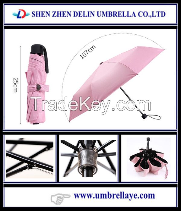 Cheap promotional fold umbrella manual open umbrella 3 fold umbrella 21'' UV umbrella pink ladies sun umbrella