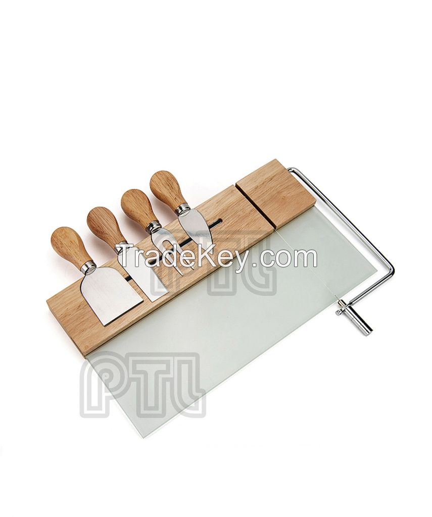 Magnetic glass-and-wood wire chopping board with S/S cheese knife/fork/spatula 