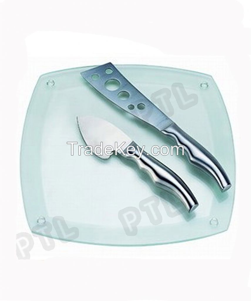stainless steel cheese knife with streamlined handle plus square glass cutting board(2 pieces) 
