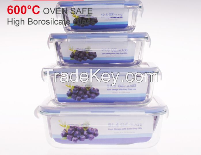 rectangle glass food contanier 4pcs set, with lock pp lid 