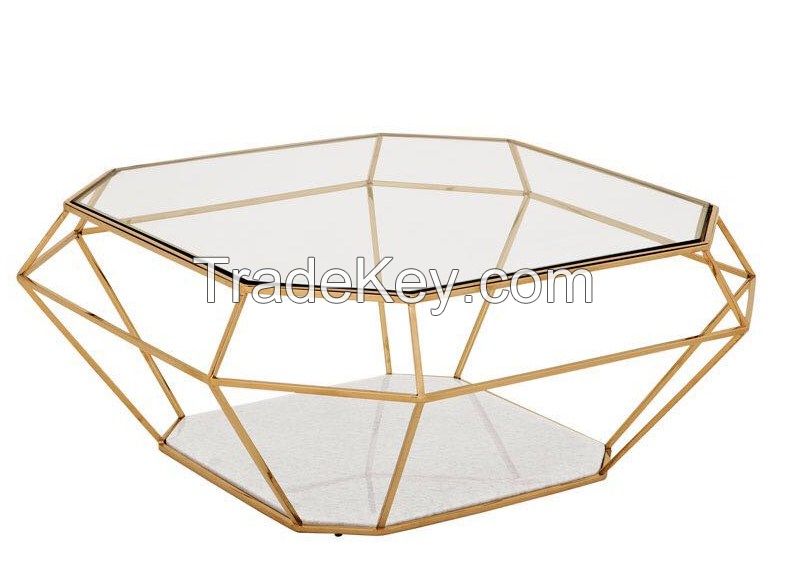 Diamond-shape coffee table,gilt stainless steel frame,tempered glass