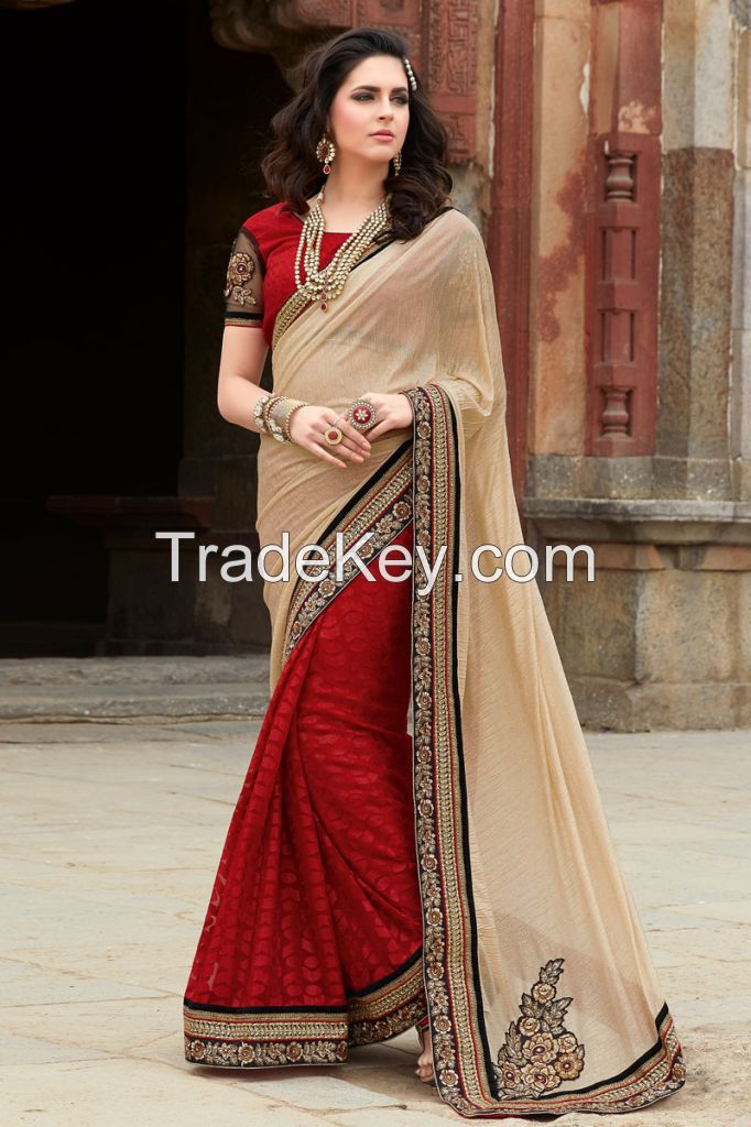 Awesome Red Beige Lycra Georgette Brasso Half And Half Partywear Saree