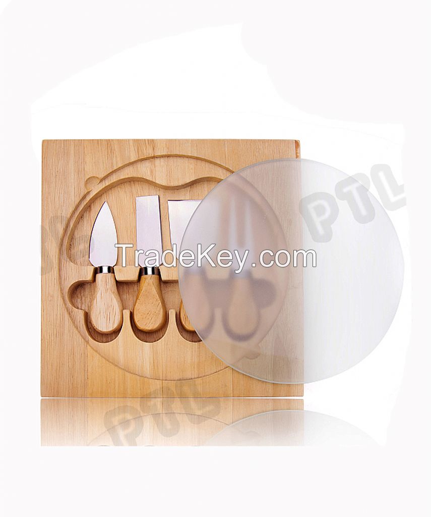 wooden cheese set with removable glass chopping board(5 pieces) 