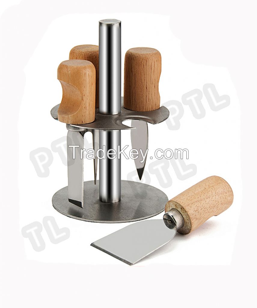 wood-handled cheese set with stainless steel hanging stand 
