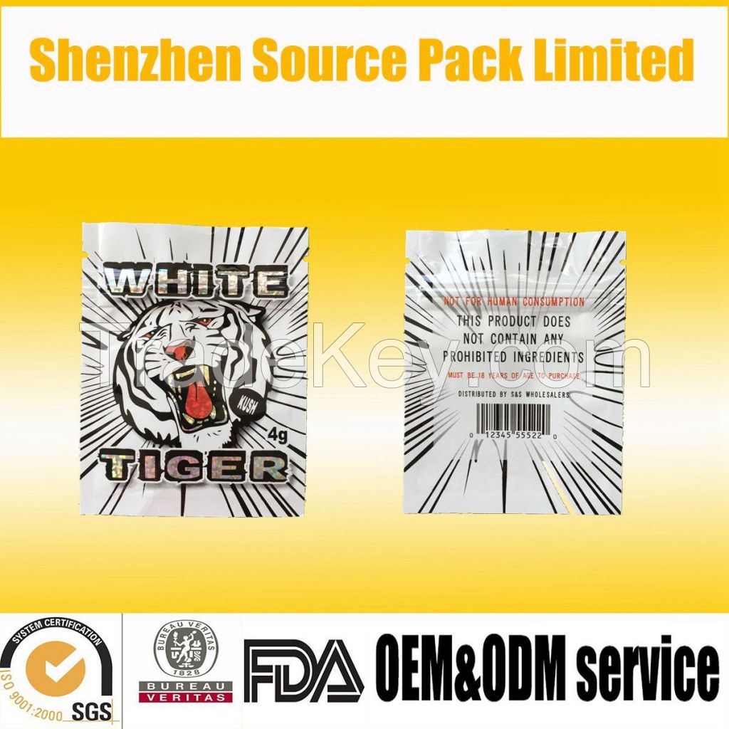 4g White Tiger Three Sides Heat Sealed Zipper Bags with Tear Notch for Herbal Incense