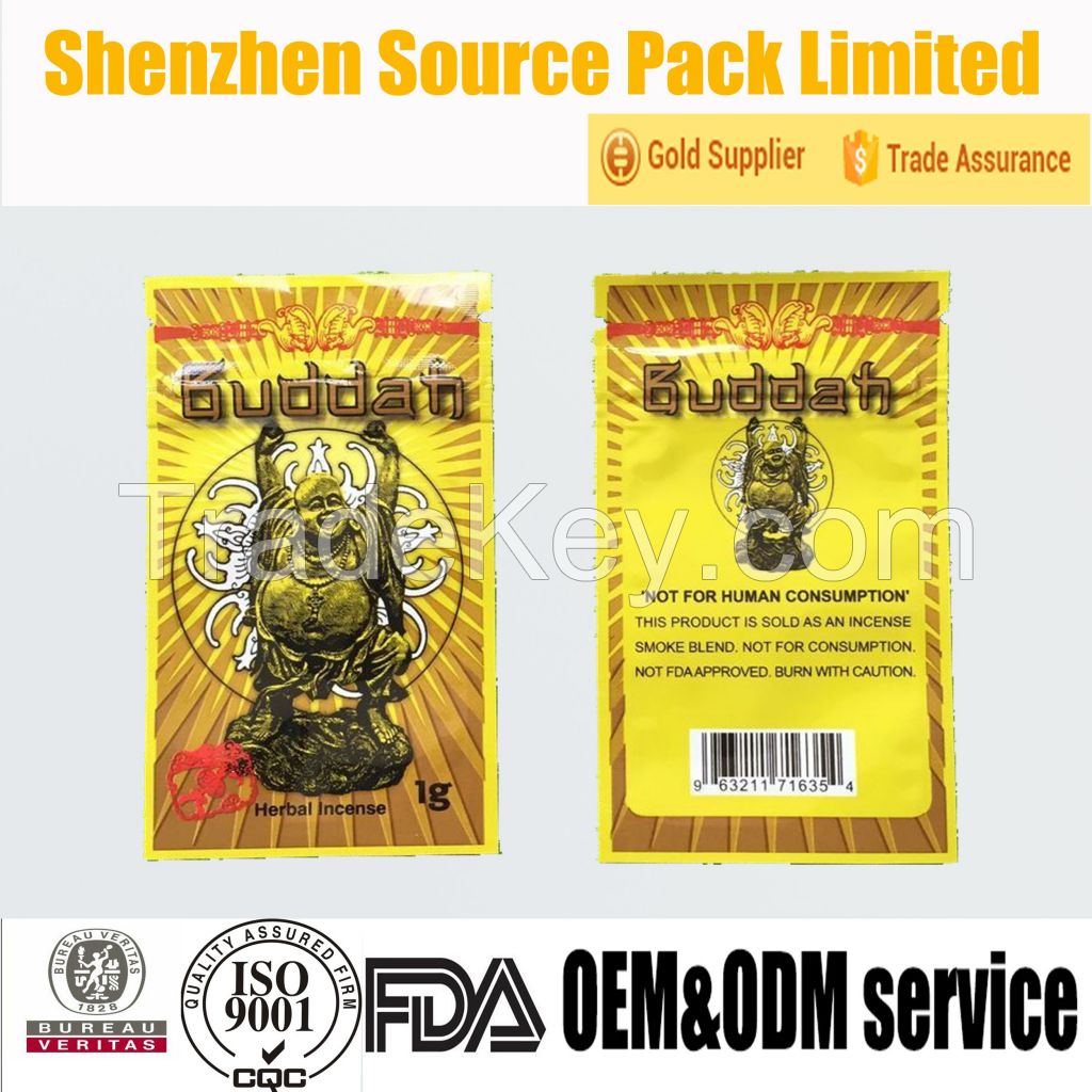 1g Wholesale Three Heat Sealed Bags with Top Zipper and Tear Notch for Herbal Incense