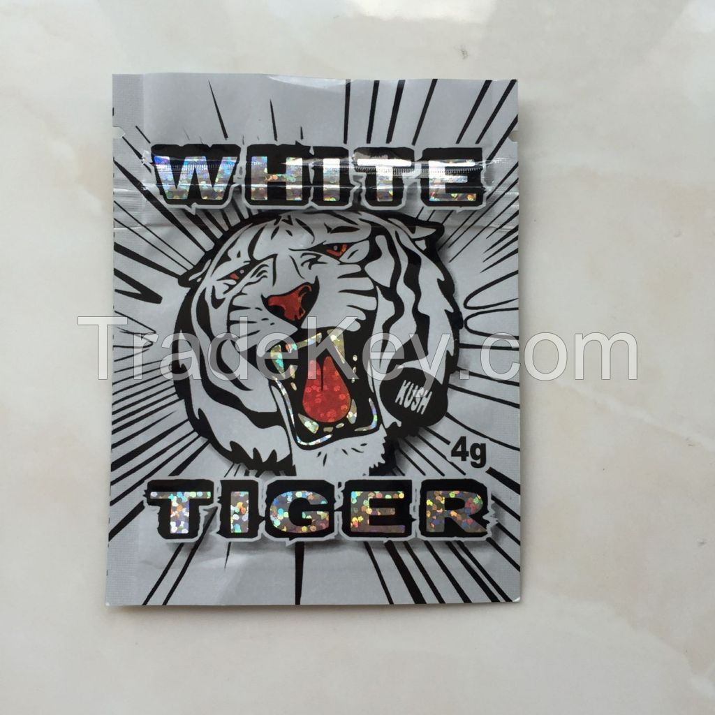 4g White Tiger Three Sides Heat Sealed Zipper Bags with Tear Notch for Herbal Incense