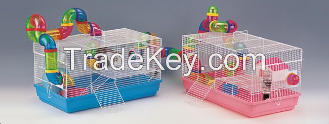 Colourful foldable wire hamster cage with movable plastic toys