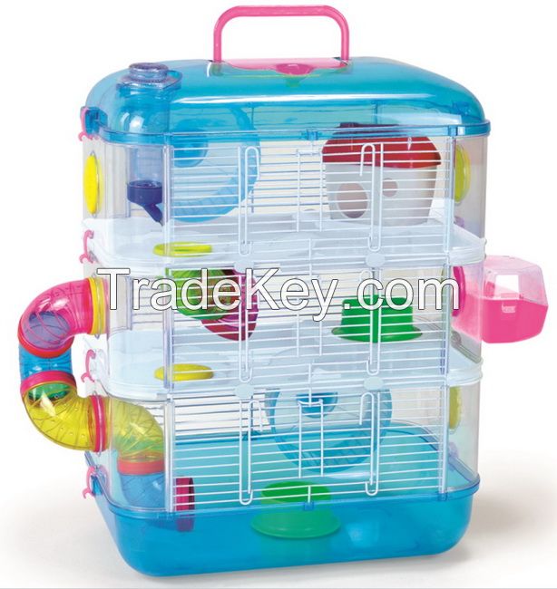 Colourful foldable wire hamster cage with movable plastic toys