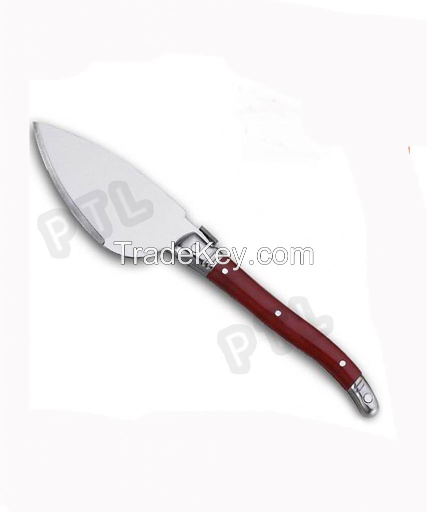 stainless steel cheese knife with deluxe wooden handle and broad blade 