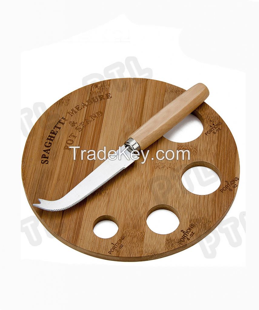 wood-handled cheese knife with rounded bamboo cutting board 