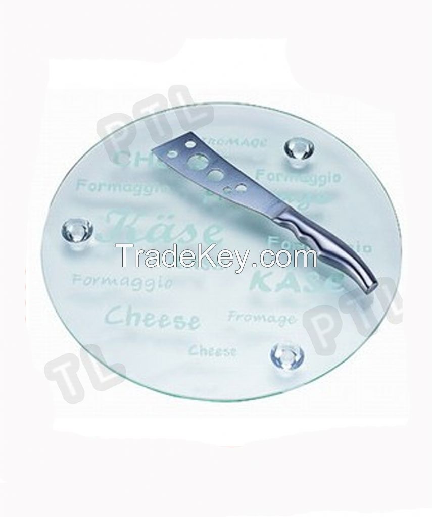 stainless steel cheese knife with streamlined handle plus rounded glass cutting board(2 pieces) 