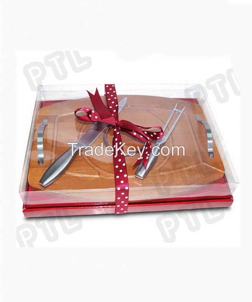 S/S cheese knife&fork with long wooden chopping board with handle 