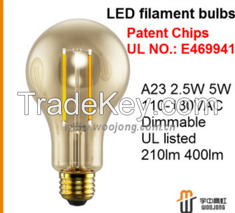 UL A23 2.5W E26 LED filament bulbs 110-130vac dimmable bulbs