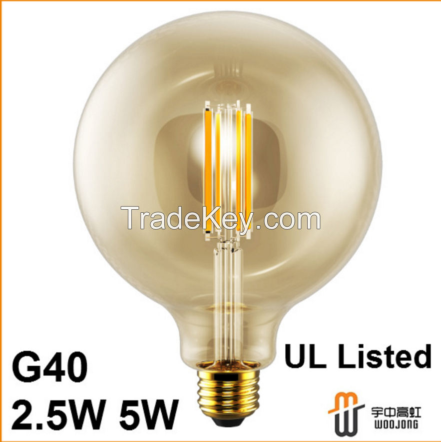 110-130vac dimmable G40 2.5w 5w UL led filament bulbs 2700K/3000K/6500K Warm Color