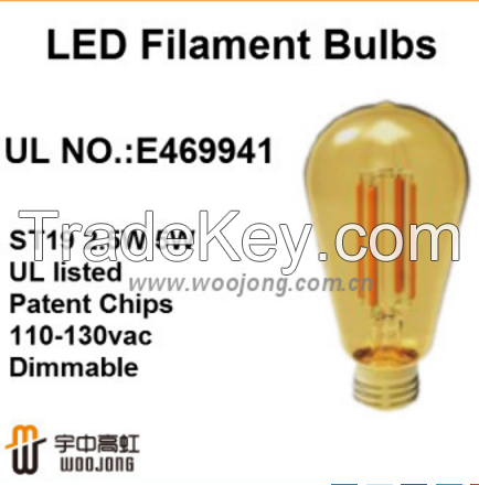 Amber color ST58 2.5W/4.5W decoration led filament bulbs 2200K UL 220-240vac