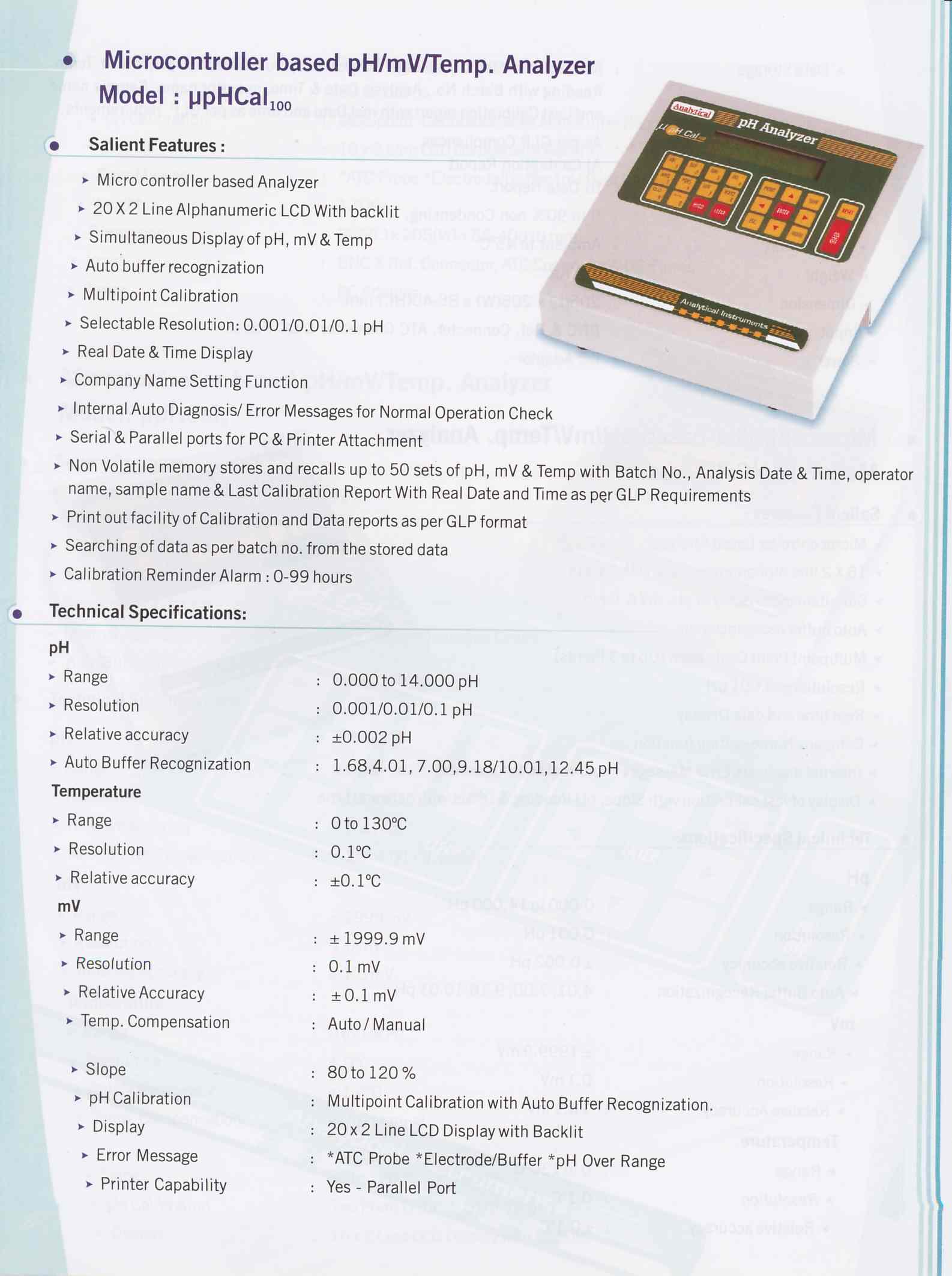 Microprocessor based pH/mV/Temp. Analyser