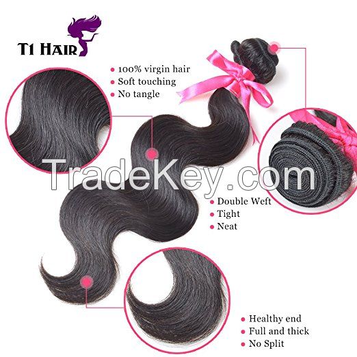 T1 Hair Natural Beauty Brazilian Body Wave Virgin Human Hair Extensions Natural Black Can be dyed and Bleached