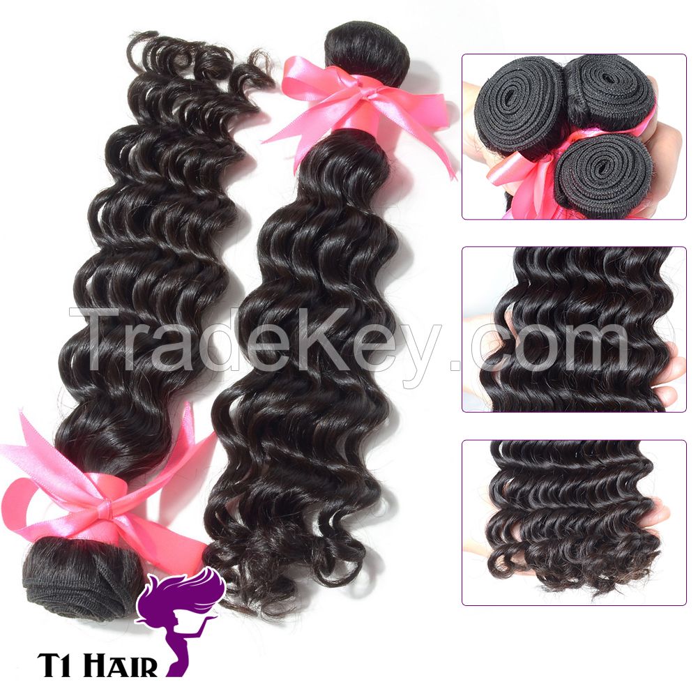 T1 Hair 3pcs Grade 7A Unprocessed Virgin Brazilian Deep Wave Human Hair Weave Natural Black #1B