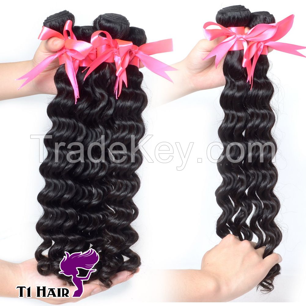 T1 Hair 3pcs Grade 7A Unprocessed Virgin Brazilian Deep Wave Human Hair Weave Natural Black #1B