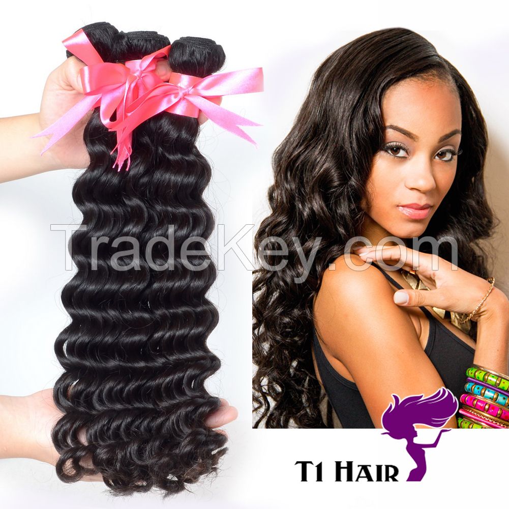 T1 Hair 3pcs Grade 7A Unprocessed Virgin Brazilian Deep Wave Human Hair Weave Natural Black #1B