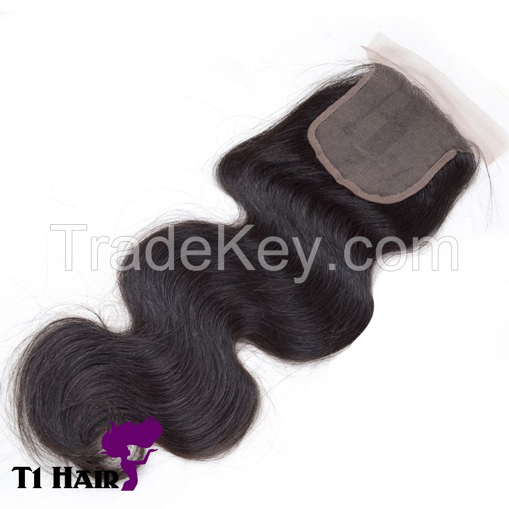 T1 Hair Grade 6A 3 Bundles Brazilian Virgin Remy Loose Wave Hair Weave Extensions with 4*4 Free Part Silk Base Lace Closure Natural Black 