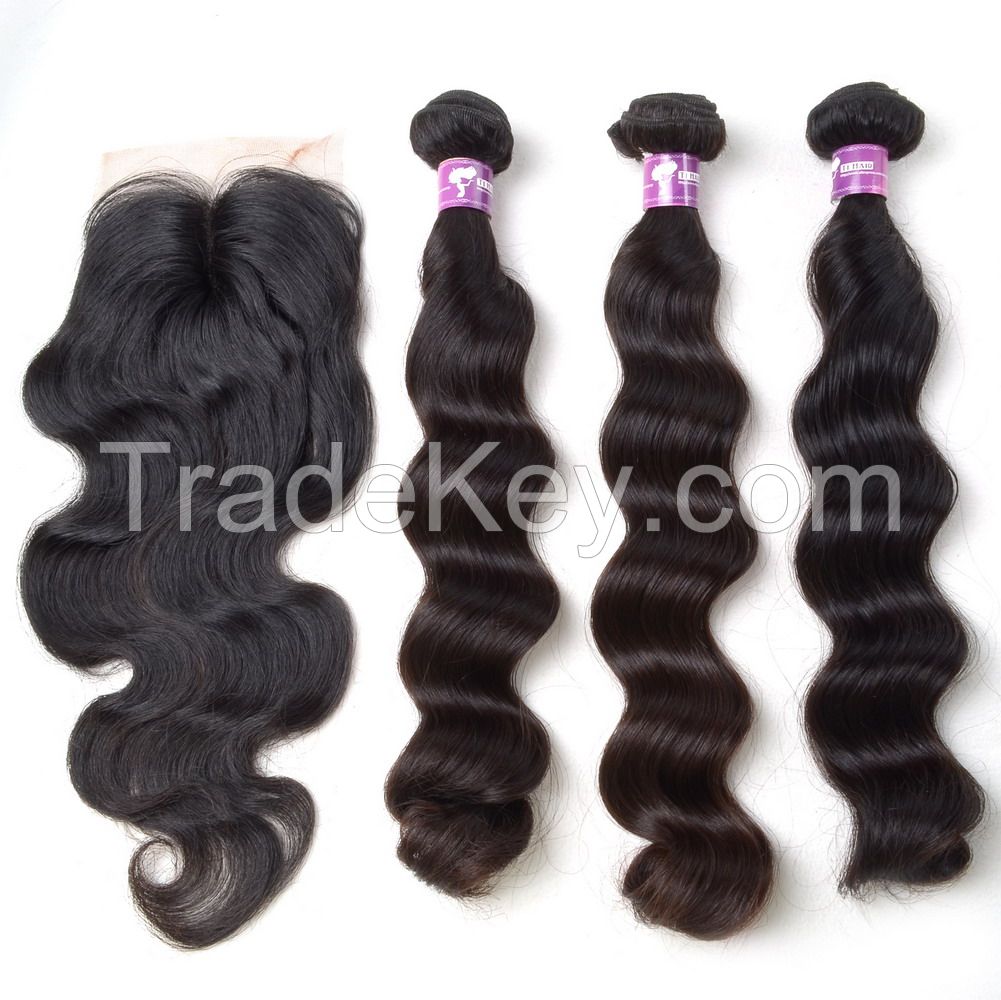 T1 Hair Grade 6A 3 Bundles Brazilian Virgin Remy Loose Wave Hair Weave Extensions with 4*4 Free Part Silk Base Lace Closure Natural Black 