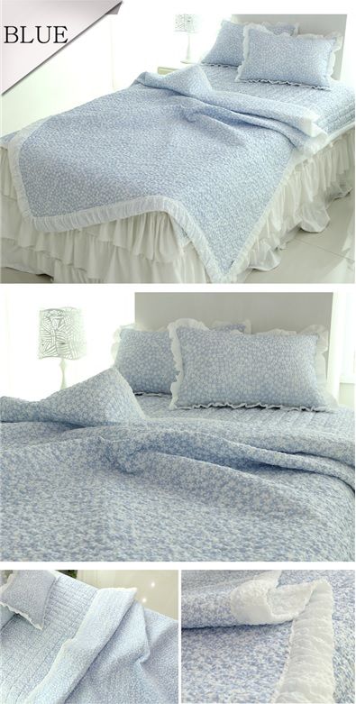 Slim summer quilt frilly flower bedding - blue