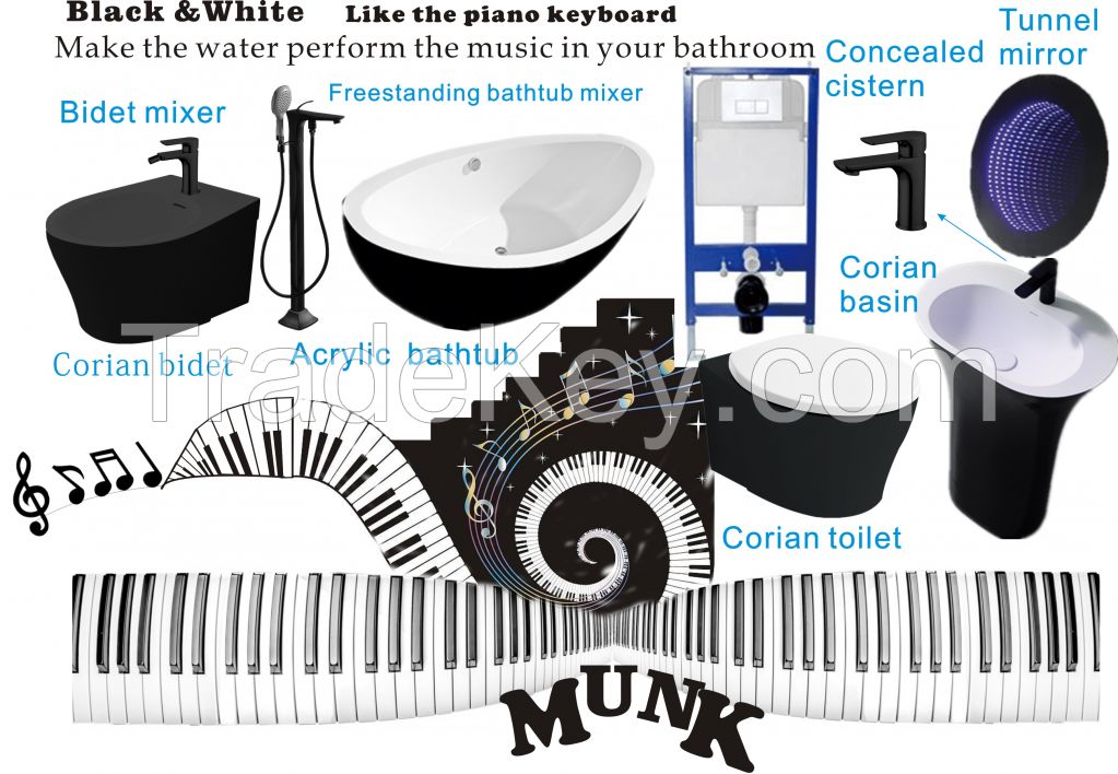 MUNK black acrylic bathtub+corian bMUNK black acrylic bathtub+black corian basin+black corian Bidet+black corian toilet+Black bidet facuet/mixer+Black basin faucet/mixer+Tunnel mirror+Concealed cistern+black freestanding bathtub faucet/mixerasin+corian Bi