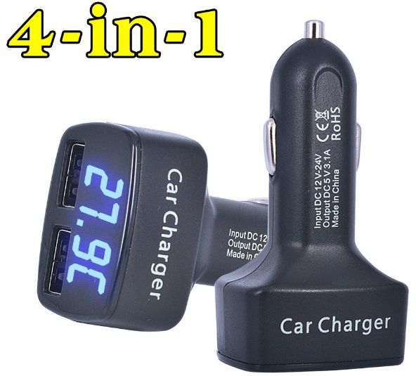 New 4 in 1 Car USB Charger with Voltage Temperature Current Meter Tester 