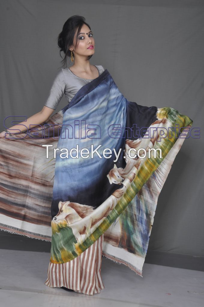 Hand Painted 3-ply Murshidabad Silk Saree