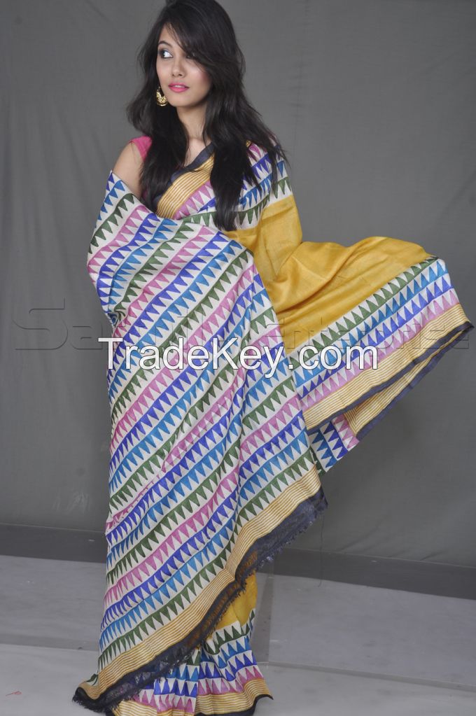 Block Printed Tussar Saree