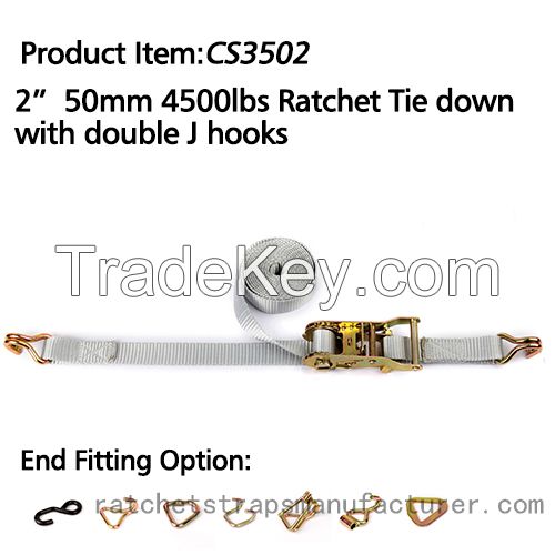 CS3502 2" 50mm 4500lbs ratchet tie down with double J hooks