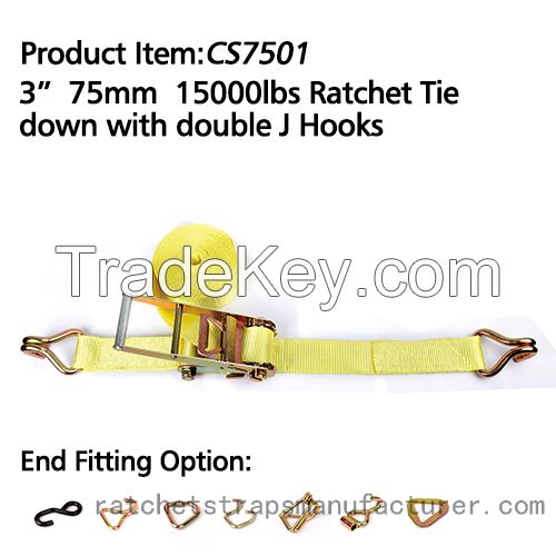 CS7501 3â 75mm 15000lbs Ratchet Tie down with double J Hooks