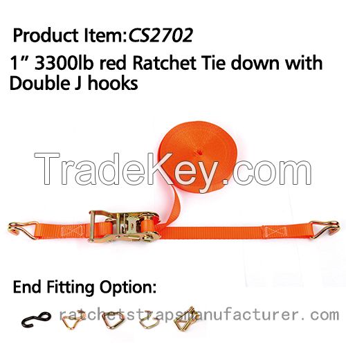 CS2702 1â€œ 3300lbs red Ratchet Tie down with Double J hooks