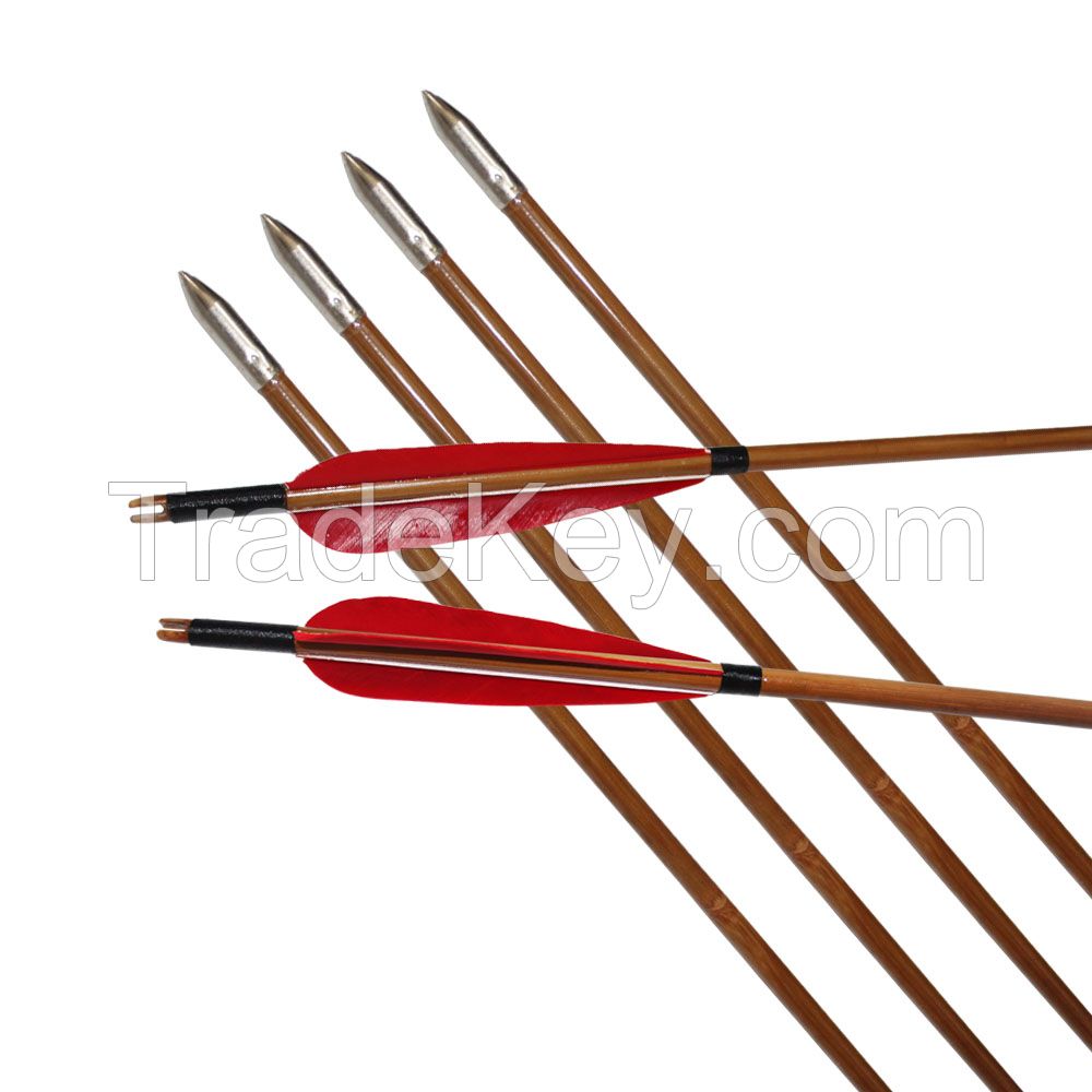 33" Traditional India Red Turkey Feathers Self Nock Bamboo Arrows For Long Bow/Recurve Bow