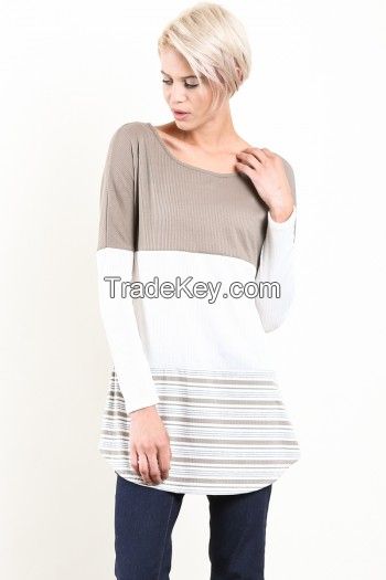 Taupe Rib Color Block Long Sleeve Top w/ Scoop Neck & Lace on the Back