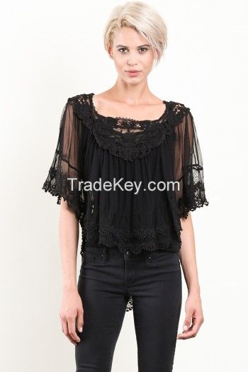 Black Crochet and Mesh Combination Poncho Top