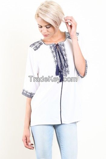  Off White Rayon Border Embroidery Peasant Top With Tinsel String